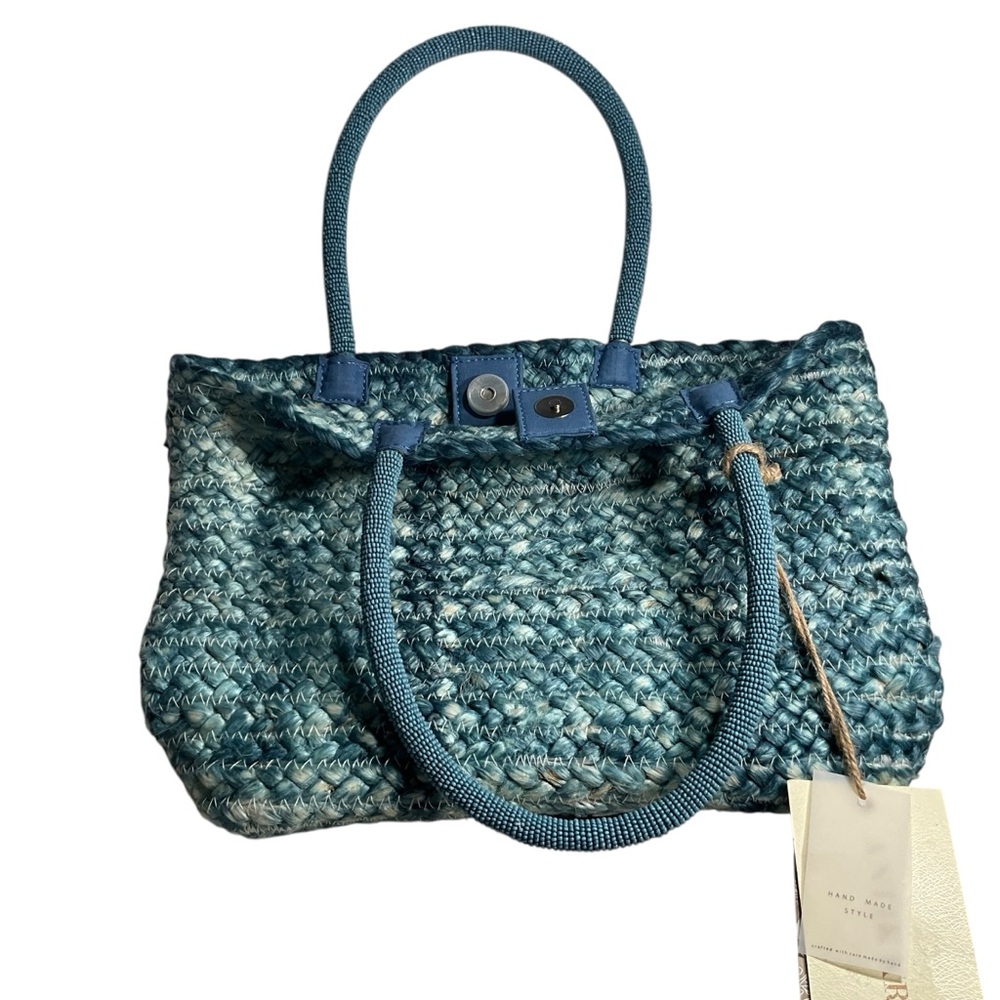 Antik Kraft woven blue/green/cream ombré jute tie dye glass bead handle tote NWT